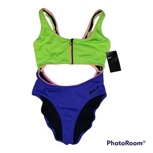 Nike women's medium indigo burst color block cut out one piece swimsuit nwt